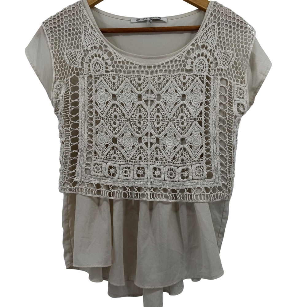 Cream Crochet Lace Peplum Blouse Cotton Boho Top Size Small Coquette Cottagecore